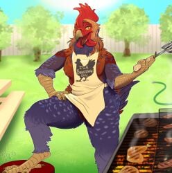 anthro apron apron_only avian avian_feet beak bird burger chicken chicken_meat claws clothing female food front_view galliform gallus_(genus) genitals grill grilling hamburger_patty hand_on_hip hi_res looking_at_viewer meat mostly_nude open_beak open_mouth outside phasianid pig_(artist) pussy rhari_(ayrrenth) scuted_arms scutes solo wattle_and_daub