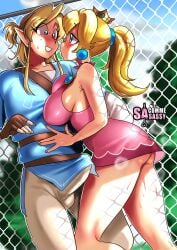 1boy 1girls ass breasts breath_of_the_wild bulge clothing couple crossover dress erection erection_under_clothes female link male mario_(series) mario_tennis outdoors ponytail princess_peach sasatseng seductive seductive_look short_dress standing tennis_uniform the_legend_of_zelda tied_hair