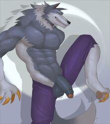 2023 abs absurd_res anthro balls biceps black_nose bottomwear canid canine capcom clothed clothing darkstalkers digital_media_(artwork) flaccid fleshformomo foreskin fur genitals glans grey_body grey_fur half-erect hi_res humanoid_genitalia humanoid_penis jon_talbain male male_only mammal muscular muscular_anthro muscular_male navel pants partially_retracted_foreskin pecs penis smile solo tail teeth topless vein veiny_penis were werecanid werecanine werewolf