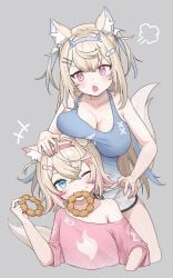 2girls :o adorable angry breast_on_head breasts_on_head cute cute_fang eating female female_only fuwamoco fuwawa_abyssgard hololive hololive_english hololive_english_-advent- huge_breasts laugh looking_at_viewer loungewear mococo_abyssgard one_eye_closed oversized_clothes oversized_shirt pretzel_(food) renji_(pixiv_artist) siblings sisters smile t-shirt tank_top thighs twins virtual_youtuber wholesome