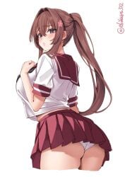 ass blush breasts brown_eyes brown_hair ebifurya female female_only flower hair_flower hair_ornament highres kantai_collection large_breasts long_hair looking_at_viewer one-hour_drawing_challenge panties parted_lips pleated_skirt ponytail red_sailor_collar red_skirt sailor_collar school_uniform serafuku simple_background skirt solo twitter_username underwear very_long_hair white_background white_panties yamato_(kantai_collection)