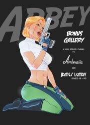 1girls abbey_chase abrosiis bare_midriff black_boots blue_gloves crop_top danger_girl desert_eagle female green_pants hair_behind_ear large_breasts licking_gun on_knees open_mouth pistol_in_hand secret_agent solo tongue_out white_t-shirt white_turtleneck