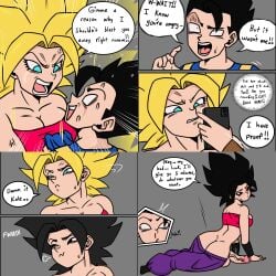 1boy 1futa angry balls big_balls big_breasts big_butt big_hair big_penis black_eyes black_hair blue_eyes blush breasts cabba caulifla clothed clothing dialogue dragon_ball dragon_ball_super duo english_text erection futa_focus futanari huge_cock human light-skinned_futanari light-skinned_male light_skin mostly_clothed pants pants_down penis phone saiyan skurigami text text_bubble topless universe_6 veiny_penis yellow_hair