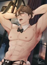 1boy abs armpits arms_up asaifrit blush bowtie brown_hair bunny_ears bunny_tail bunnysuit gay gay_male happy_trail honkai:_star_rail lewd_face male male_only muscular muscular_male pubic_hair sexy_underwear welt_yang_(honkai:_star_rail)