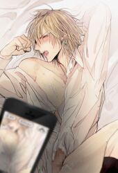 blonde_hair blush bottomless cum cum_on_body earrings gantz hikawa_(gantz) looking_at_viewer male male_only mosaic_censoring off_shoulder on_back on_bed open_mouth penis phone recording solo_focus tatsuya_c tongue_out vampire