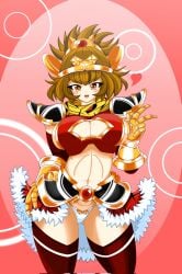 1girls arm_up belly bikini bikini_armor bikini_top blush breasts brown_eyes brown_hair bulging_breasts crown female gold_crown gold_gloves hand_on_hip heart highres kuu_(battle_cats) kuu_chaz7hu3hp5 large_breasts long_gloves looking_at_viewer medium_hair metal_gloves muscular muscular_female panties peace_sign pink_background ponytail scarf shiny_skin shoulder_pads skirt smiling smiling_at_viewer the_battle_cats thick_thighs thighhighs thighs valentine valentine's_day white_female white_panties