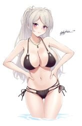 alternate_costume artist_name ass_visible_through_thighs bikini black_bikini black_swimsuit breasts cleavage conte_di_cavour_(kantai_collection) cowboy_shot dated female grey_hair hands_on_own_hips highres jewelry kantai_collection large_breasts long_hair navel necklace odachu one-hour_drawing_challenge partially_submerged pout pouting purple_eyes side-tie_bikini_bottom simple_background solo swimsuit thigh_gap thighs two_piece_swimsuit very_long_hair water water_surface white_background white_hair