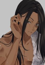 arabian black_hair brown_skin jamil_viper long_hair_male middle_eastern pretty_boy towel twisted_wonderland wet_body