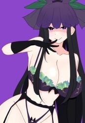 1girl 1girls black_elbow_gloves black_hair blush bra cleavage cowboy_shot elbow_gloves estherelaitea frilled_bra fruit_hat garter_belt garter_straps hime_cut huge_breasts long_hair looking_at_viewer panties purple_bra purple_eyes seductive_look seductive_smile shaded_face solo solo_female solo_focus string_panties thick_thighs touhou veil yomotsu_hisami