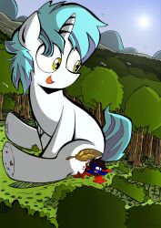 ass blood blood_on_hand blue_body blue_mane bodily_fluids butt_crush cutie_mark duo equid equine feral forest hasbro hi_res horn horse labba94 macro male mammal mane my_little_pony open_mouth outside plant pony shocked sitting sitting_on_another size_difference snap_feather tree unicorn white_body