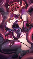 boots demon_girl demon_tail elbow_gloves female gloves highres horns huge_breasts huge_thighs leotard mole mole_on_breast mole_under_mouth osiimi pointy_ears red_hair tentacle tentacles thigh_boots thighhighs twintails voluptuous