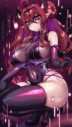 boots demon_girl elbow_gloves female gloves highres horns huge_breasts huge_thighs leotard mole mole_on_breast mole_under_mouth osiimi pointy_ears purple_eyes red_hair thigh_boots thighhighs twintails voluptuous wings