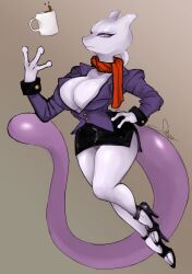 3_fingers anthro barely_visible_genitalia barely_visible_pussy beverage big_breasts bottomwear breasts clothed clothing coffee coffee_mug female female_mewtwo fingers footwear generation_1_pokemon genitals hi_res high_heels legendary_pokemon mew_tuely_(fan_character) mewtwo nintendo no_underwear pokemon pokemon_(species) purple_eyes pussy scarf selissa skirt solo