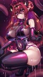 boots demon_girl elbow_gloves female gloves highres horns huge_breasts huge_thighs leotard mole mole_on_breast mole_under_mouth osiimi pointy_ears purple_eyes red_hair thigh_boots thighhighs twintails voluptuous wings