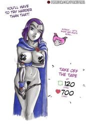 2girls boobs breasts clothing dc dc_comics english_text female female_only forkedtail functionally_nude functionally_nude_female human jinx_(dc) maebari outerwear pale_skin pasties pasties_exposed rachel_roth raven_(dc) strip_game taped_nipples taped_pussy teen_titans text tits