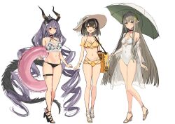 3girls :) :o arknights bag bare_shoulders belly big_breasts bikini bikini_bottom bikini_top blush bracelet breast_size_difference choker cleavage drill_hair earrings elf_ears feet female female_only frilled_bikini grey_hair hair_accessory hat high_heel_sandals high_heels highres horns knees_together_feet_apart legs light-skinned_female lilac_hair long_hair looking_at_viewer magallan_(arknights) magenta_eyes medium_hair midriff muelsyse_(arknights) multicolored_hair navel navel_visible_through_clothes necklace one-piece_swimsuit open_mouth open_smile pink_eyes pointy_ears purple_hair sandals sigm@ small_breasts smile smiling_at_viewer standing stomach swimming_ring swimsuit tail thigh_strap thighs tiara typhon_(arknights) umbrella very_long_hair waist white_background white_one-piece_swimsuit white_swimsuit yellow_bikini yellow_bikini_bottom yellow_bikini_top yellow_eyes yellow_swimsuit