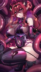 :o blush boots demon_girl demon_tail elbow_gloves female female_only gloves highres horns huge_breasts huge_thighs leotard mole mole_on_breast mole_under_mouth osiimi pink_eyes pointy_ears red_hair succubus_tail tentacle tentacles thigh_boots thighhighs twintails voluptuous wings