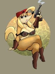 anthro big_breasts blonde blonde_female blonde_hair boots bra bra_strap breasts brown_eyes brown_fur canine canis cuphead_(game) dog_girl dog_tail ears_as_hair female_focus fingerless_gloves fingers furry gun hat high_heel_boots high_heels hunting_dog legs_crossed lingerie mammal mammal_humanoid military nipples nipples_visible_through_clothing pilot pilot_saluki_(cuphead) pink_nipples pinup raccoon_sama red_lips red_lipstick saluki see_through_bra see_through_clothing sighthound simple_background sitting slim_waist snout thick_thighs thighs video_game_character