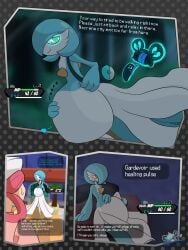 allithemeal belly comic gardevoir health_bar implied_digestion nurse_joy pokemon pokemon_(species) safe_vore same_size_vore shiny_pokemon soft_vore tagme vore willing_prey