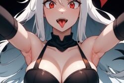 1girls ai_generated armpits cerberus_(helltaker) demon dog_ears female female_only helltaker hug pov red_eyes tagme white_hair