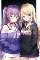 ai_generated blonde_hair blue_eyes blush bra choker fenthefox green_eyes hoodie lesbian_couple one_eye_closed purple_hair raine yuri