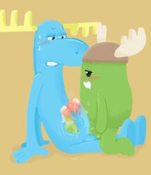 2boys antlers bean_(dumb_ways_to_die) blue_body blush botch_(dumb_ways_to_die) crossover cum cum_drip dumb_ways_to_die furry gay green_body happy_tree_friends lumpy_(htf) moose non-human penis rubbing toony