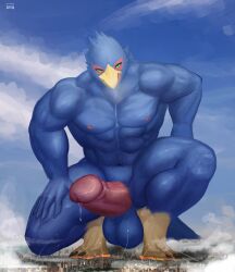 absurd_res anthro avian balls bird blue_body bodily_fluids city cloud crouching destruction erection falco_lombardi genital_fluids genitals hi_res macro male muscular muscular_male nintendo penis precum saggy_balls solo solutionwcs star_fox tongue tongue_out