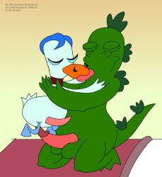 avian bird blue_hair cartoon_network cock courage_the_cowardly_dog crossover dick dinosaur duck gay green_body green_skin interspecies kissing le_quack making_out mowub mr._gus penis uncle_grandpa yaoi