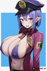 1girls ai_generated big_breasts breasts breasts_out female female female_only hat huge_breasts large_breasts open_clothes open_mouth open_shirt purple_eyes purple_hair solo touhou upper_body yeat84_art yoshika_miyako