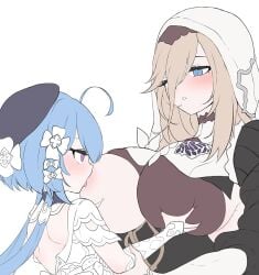 2girls age_difference aponia aponia_(honkai_impact) back beret blue_eyes blue_hair blush breast_curtain breast_sucking breasts brown_hair daram_(shappydude) female_focus flat_color grabbing grabbing_another's_breast griseo hair_ornament hat honkai_(series) honkai_impact_3rd korean_commentary large_breasts long_bangs looking_at_another mole mole_under_eye multiple_girls nun one_breast_out parted_lips purple_eyes simple_background sketch tongue veil white_background yuri