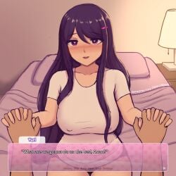 1boy 1girls bed bedroom bedroom_eyes before_sex big_breasts dbagdraws dialogue doki_doki_literature_club english_text fluffyearedfox fully_clothed hand_holding handholding heart-shaped_pupils holding_hands indoors long_hair pov pov_eye_contact text yuri_(doki_doki_literature_club)