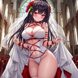 ai_generated benmccannon_(artist) black_hair bondage bondage church church_interior flower_in_hair glass_pane pew red_eyes rope rope_bondage slave wedding_dress