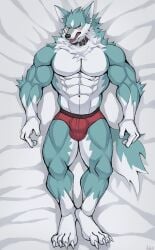 abs anthro_male ariswuffo bed biceps blue_eyes blushing brand_new_animal bulge canine collar male muscles muscular muscular_anthro muscular_male pecs shirou_ogami underwear