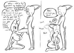 :3 anthro ass balls big_balls big_breasts blowjob breasts brother_and_sister closed_eyes deep_penetration dialogue english_text fellatio female furry glint_(milkie) heart hyper hyper_penis incest male milkjunkie minun monochrome navel nintendo nipples norithics oral oral_sex original_character penis plusle pokemon pokemon_(species) sex sketch spark_(milkie) straight tail text tongue