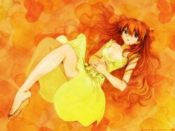 asuka_langley_sohryu clothing dress feet female high_res highres kobayashi_yuuji neon_genesis_evangelion orange_background red_hair wallpaper yellow_dress