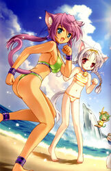 animal_ears ass beach bell bell_collar bikini braid breasts cat_ears chibi collar copyright_request cute_fang dolphin erect_nipples green_hair hair high_res highres ishida_hiroyuki jingle_bell jinglebell large_breasts long_hair mizugi ocean oppai pink_hair ponytail purple_hair red_eyes sideboob silver_hair sky striped swimsuit tail thong_bikini tied_hair twin_braids