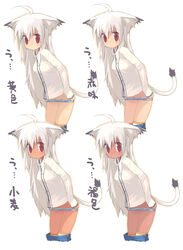 animal_ears blouse blush cat_ears dark_skin kokage-san kusaka_kokage original panties red_eyes striped striped_legwear striped_thighhighs tail thighhighs underwear undressing white_hair