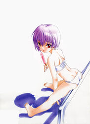 back bandeau barefoot bikini feet hair highres looking_back mizugi neon_genesis_evangelion pole popsicle purple_hair ramiya_ryou red_eyes rei_ayanami sexually_suggestive shadow short_hair swimsuit tongue tubetop utatane_hiroyuki