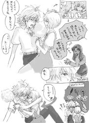 blush clothes clothing comic cotton_candy doujinshi kaworu_nagisa lrk misato_katsuragi monochrome neon_genesis_evangelion rei_ayanami school_uniform surprised translation_request