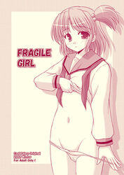 lowleg lowleg_panties lowleg_pantsu monochrome navel panties panty_pull pointy_chin school_uniform shirt_lift short_hair side_ponytail suzumiya_kazuki underwear undressing