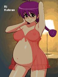 armpits beige_skin belly bottomless breasts brown_eyes clothes color female female_only glasses happy huge_belly huge_breasts human large_breasts lingerie long_hair megane navel negligee pixel pregnant purple_hair ready_to_pop ri_kohran see-through sheer smile solo standing