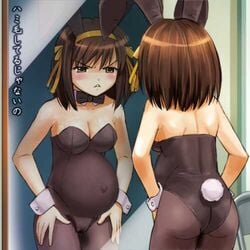 1girls bowtie brown_hair bunny_ears bunnysuit cleavage cowboy_shot detached_collar dot_nose fake_animal_ears haruyama_kazunori japanese_text light_blush medium_breasts mirror mirror_reflection navel no_bra pregnant reflection short_hair solo standing suzumiya_haruhi suzumiya_haruhi_no_yuuutsu tagme translated triangle_mouth wrist_cuffs yellow_hairband