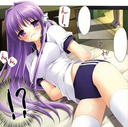 arms_behind_back blush bondage bow buruma clannad cleave_gag cloth_gag clothing double_vertical_stripe fujibayashi_kyou gag gagged gym_uniform high_res highres kanekiyo_miwa long_hair lying on_side photoshop purple_eyes purple_hair solo stockings thighhighs walk-in white_legwear zettai_ryouiki