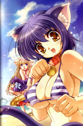 animal_ears beach bell bell_collar bikini blonde_hair breasts cat_ears choker cleavage collar copyright_request cute_fang dolphin erect_nipples eyewear glasses hair high_res highres innertube ishida_hiroyuki jewelry jingle_bell jinglebell large_breasts long_hair megane mizugi necklace ocean oppai purple_hair scan shitapai sky striped swimsuit tail underboob