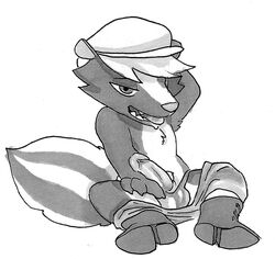 1boy animal_crossing anthro balls black_and_white boots clothing erection front_view glitter_trap_boy hat holding_penis humanoid_penis kicks_(animal_crossing) male male_only mammal marker_(artwork) monochrome nintendo open_mouth pants pants_down penis pinup pose presenting presenting_penis sheath sitting skunk solo tongue tongue_out traditional_media_(artwork) video_games