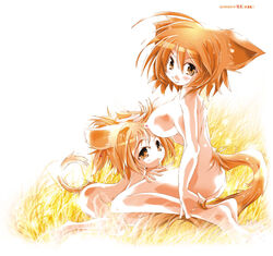 animal_ears cat_ears cat_tail field grass mother_and_daughter multiple_girls nude orange_hair original tail yellow_eyes yuumin