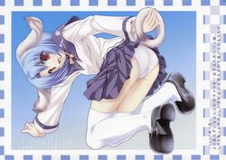 animal_ears ass bent_over blue_hair dog_ears haruhi_sarasa highres inakoi panties pantyshot red_eyes school_uniform short_hair skirt solo tail tenmaso thighhighs underwear white_legwear white_panties