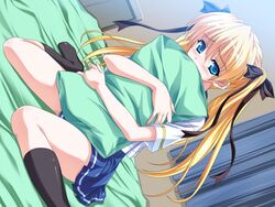 blonde_hair blue_eyes blush celes_alford covered_mouth game_cg hug natsumegu pillow pillow_hug pillow_over_mouth school_uniform socks tied_hair tsukasa_yuuki twintails