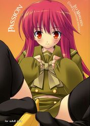 black_legwear cover doujinshi food fruit jpeg_artifacts kinohara_hikaru long_hair pointy_chin red_eyes red_hair school_uniform serafuku sexually_suggestive shakugan_no_shana shana thighhighs zettai_ryouiki