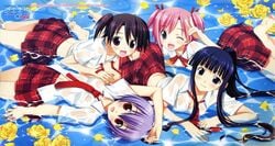 akashi_yuuna back barefoot black_hair blue_eyes blue_hair blush breasts cleavage clothing crop_top feet flat_chest flower fujima_takuya hug izumi_ako jpeg_artifacts long_hair lying mahou_sensei_negima! medium_breasts multiple_girls necktie on_back on_stomach ookouchi_akira petals pink_hair plaid pleated_skirt purple_eyes purple_hair red_eyes rose sasaki_makie scan scan_artifacts school_uniform see-through see-through_clothing short_hair short_twintails side_ponytail skirt small_breasts smile submerged tied_hair twintails v very_long_hair water wet wet_clothes wink